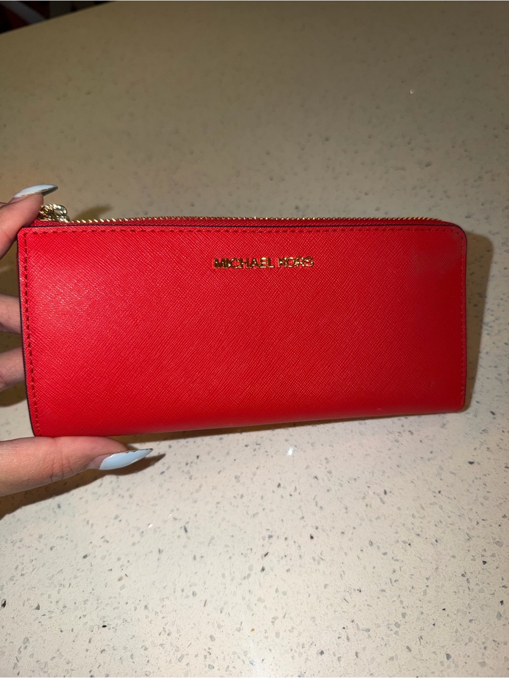 Michael Kors Red Saffiano Zip Wallet with Gold Logo